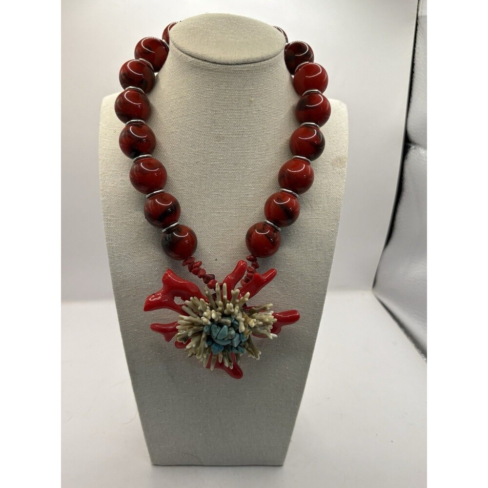 Chunky Statement Necklace With Red Marbled Beads Sea Urchin Pendant NWT 18”